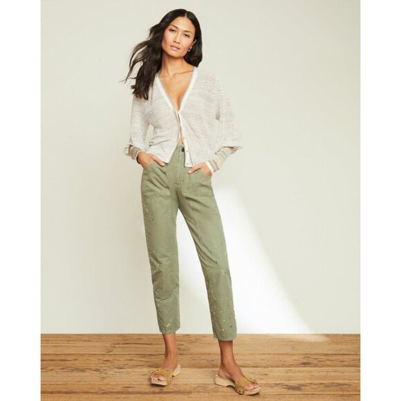 Veronica Beard Mott Linen Cardigan Beige Gray XS Designer Contrast Trim Ribbed - Picture 4 of 16